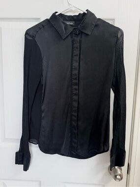 BEBE Silk Black Sheer-Sleeve Button Down Shirt